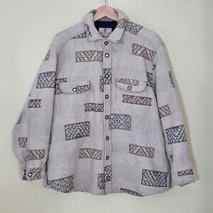 Vtg Overshirt Aztec Print Shacket Mens L Beige Navajo Ranch Outdoor Cowboy FLAW